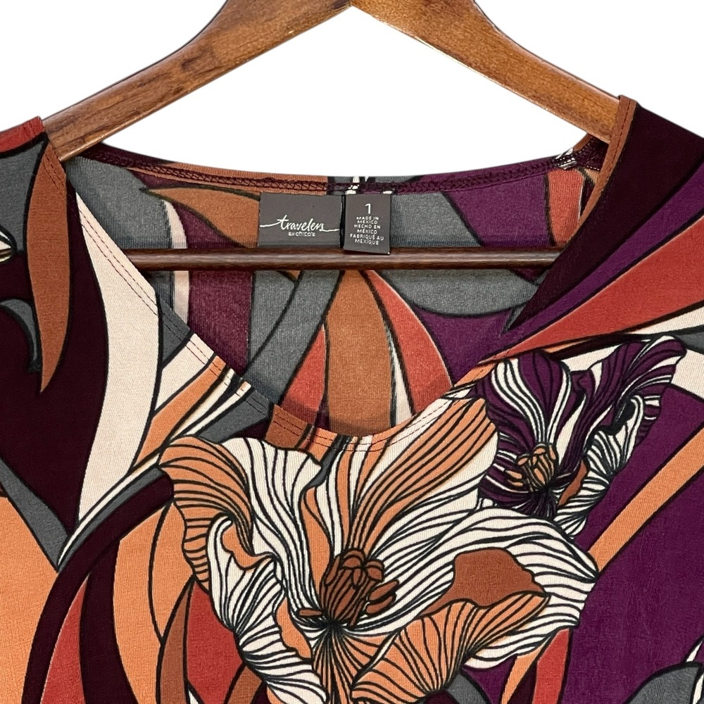 Chicos Travelers Womens Size 1 Abstract Floral V-Neck Bell Sleeve Blouse Top - Picture 3 of 10
